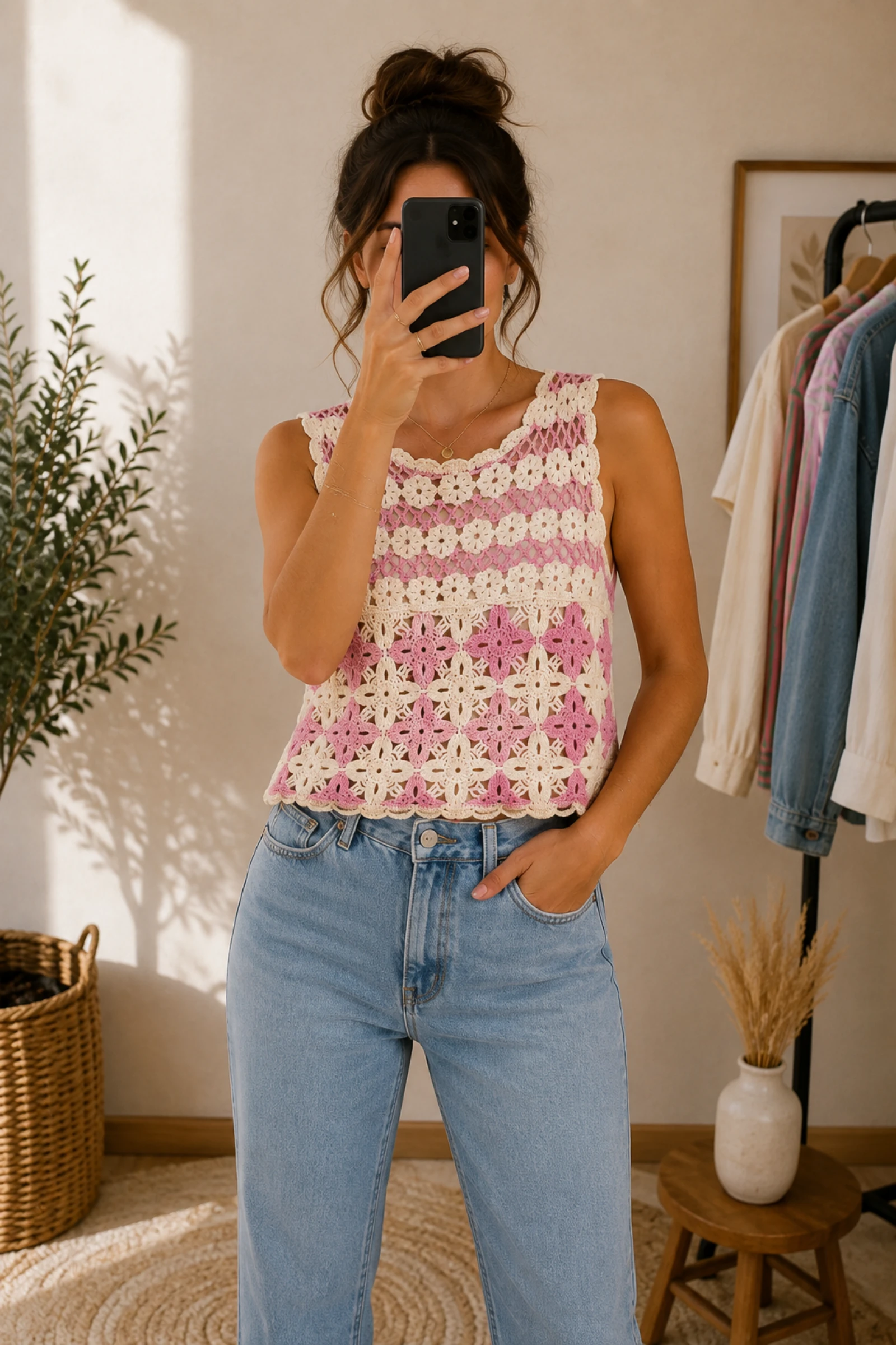  Top en crochet rose & écru à fleurs